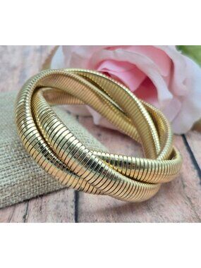 Gold Tone Triple Snake Chain Bracelet Intertwined Statement Chunky